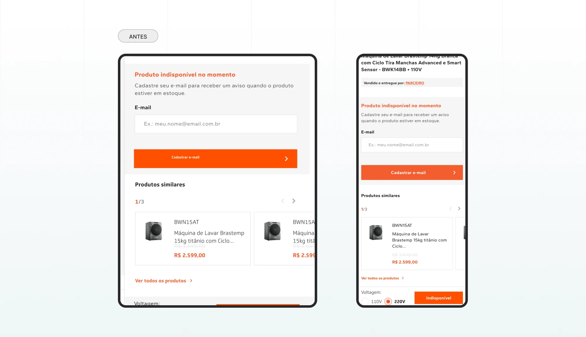 Detalhe do módulo de indisponibilidade da Brastemp em desktop e mobile, com o campo de e-mail acima da vitrine de produtos similares