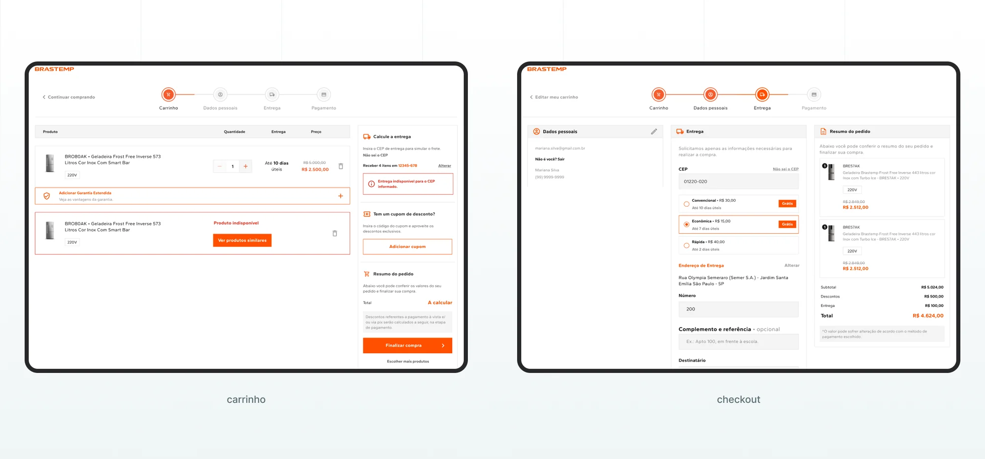 Carrinho e checkout da Brastemp em desktop com aviso de indisponibilidade e vitrine de substitutos