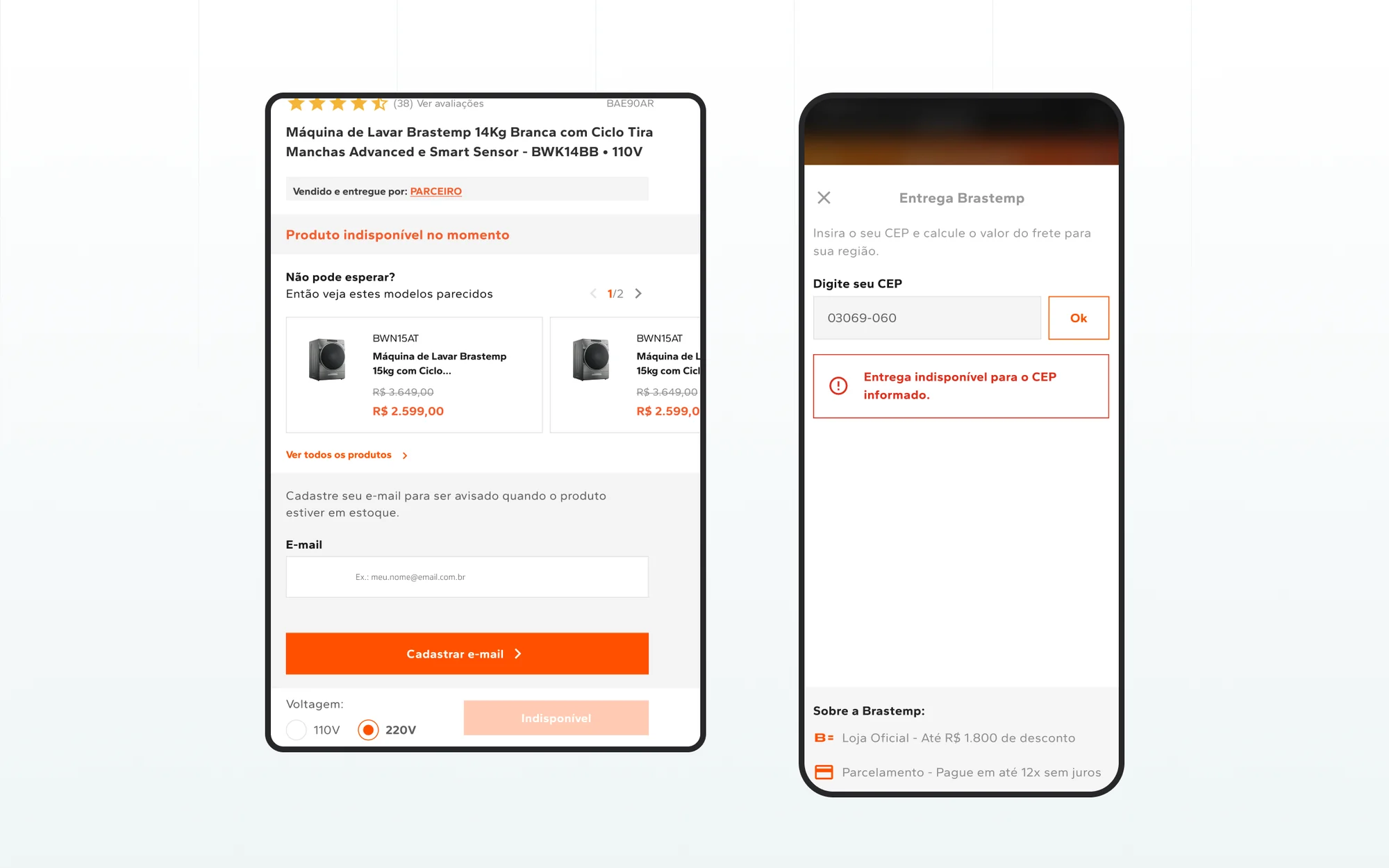 Módulo de indisponibilidade com a copy revisada em desktop e modal de entrega indisponível em mobile