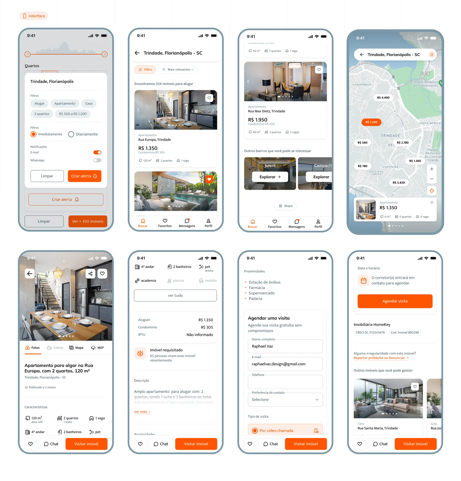 Painel com as telas de listagem, mapa e detalhe do imóvel do Homekey